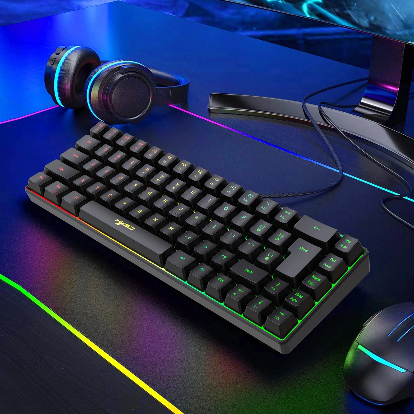 Compact 68-Key RGB Gaming Keyboard - USB Wired with Mechanical Feel, Ergonomic Design